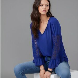Blue Contrast Lace Flounce Sleeve Tie Neck Blouse